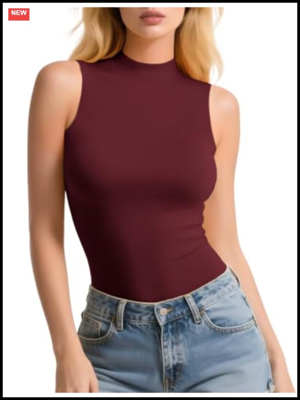 Women's Sleeveless Mock Turtleneck Tank Top Stretch Ribbed Knit Layering